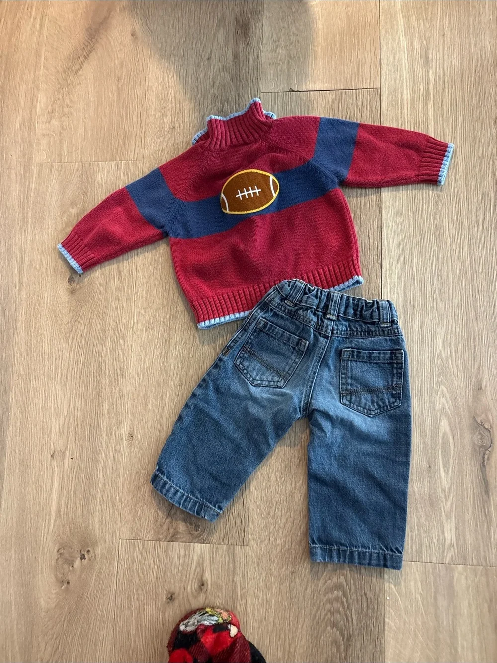 Boys 2 piece preppy Denim Jean set with Football Aplique on Sweater 6-12 Months